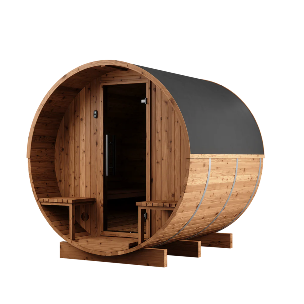 Thermory 4 Person Barrel Sauna Model 60 with Porch and Window